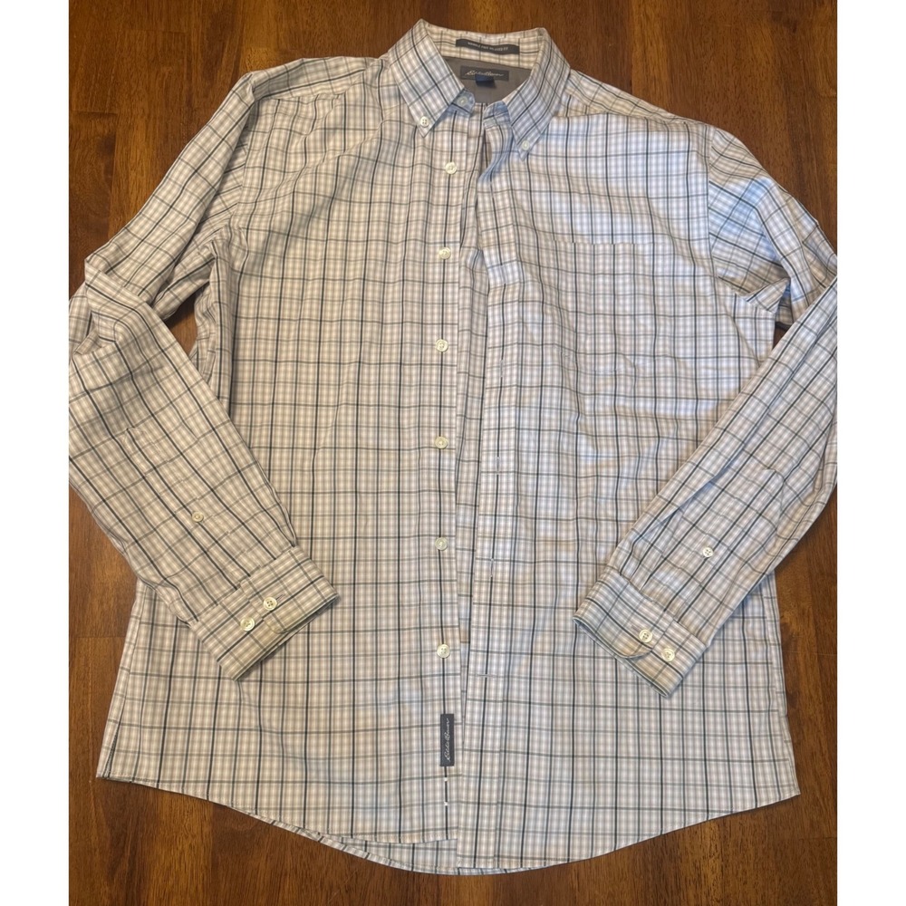 Eddie Bauer Mens Wrinkle Free Relaxed Fit Plaid Button Down Shirt Grey Medium